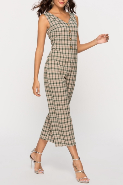 Women's Fashion Classic Plaid Printed V-Neck Button Front Wide-Leg Casual Jumpsuits