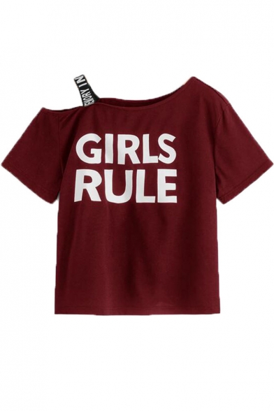 Women's Funny Letter GIRLS RULE Printed Round Neck Strap One Shoulder Casual T-Shirt