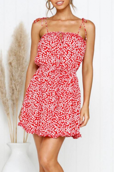 Women's Hot Fashion Floral Print Tie Shoulder V-Neck Sleeveless Backless Mini Cami Dress