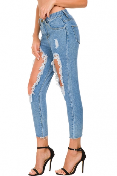 Women's Light Blue Distressed Big Hole Slim Fit Capri Jeans