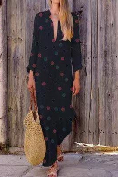 Women's New Ethnic Polka Dot Print V-Neck Long Sleeves Maxi Cotton Dress