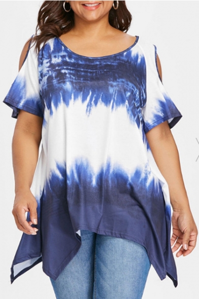 Women's Plus Size Tie Dyed Print Cut Out Short Sleeve Round Neck T-Shirt