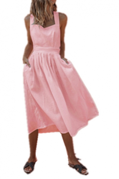Women's Retro Vintage Square Neck Sleeveless Simple Plain Midi A-Line Pleated Swing Dress