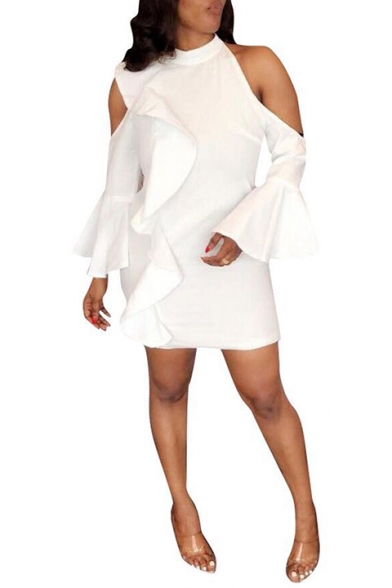 Women's Sexy Cold Shoulder Collared Plain Print Ruffle Long Sleeve White Mini Bodycon Dress