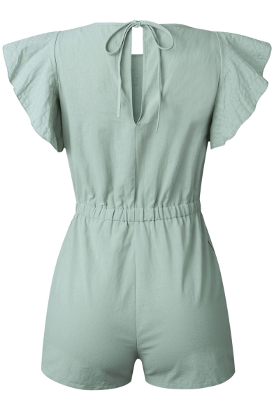 Women's Summer Fashion Green Solid Color Round Neck Ruffled Sleeve Drawstring Waist Relaxed Romper Playsuit