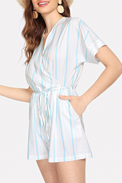Women's Trendy Blue and White Striped Printed Short Sleeve V-Neck Tied Romper Playsuit