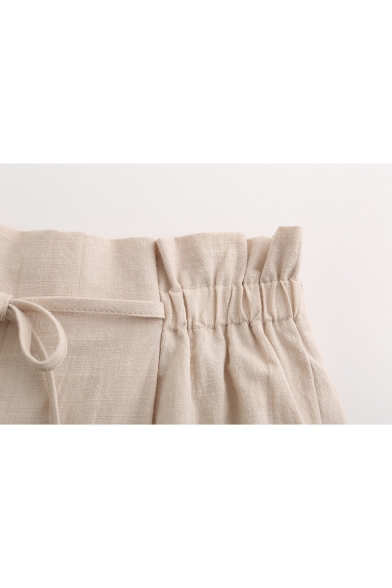 Womens Basic Beige Solid Color Drawcord Waist Casual Wide Leg Paperbag Shorts
