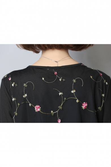 Womens Basic Black Chic Floral Printed Round Neck Long Sleeve Layered T-Shirt