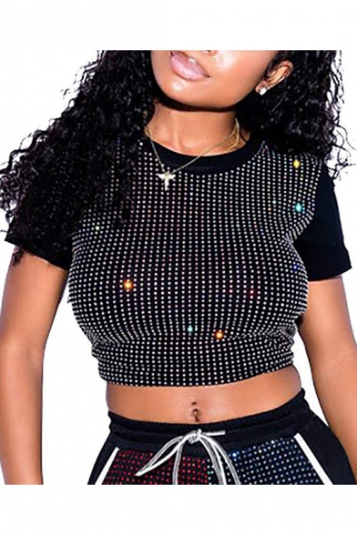 Womens Basic Round Neck Short Sleeve Sexy Hot Drill Sequined Cropped Club T-Shirt