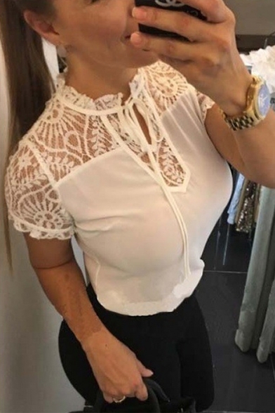 Womens Basic Simple Plain Chic Lace Panel Tied Collar Short Sleeve Slim T-Shirt