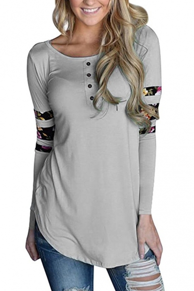 Womens Chic Floral Print Long Sleeve Button Round Neck Slim Fit T-Shirt