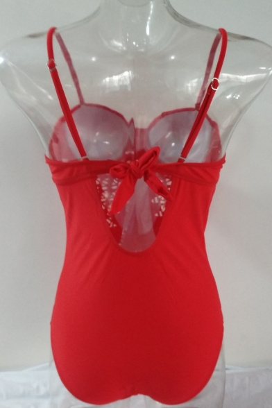 Womens Chic Hollow Out Detail Solid Color Spaghetti Straps Slim One Piece Swimsuit Swimwear