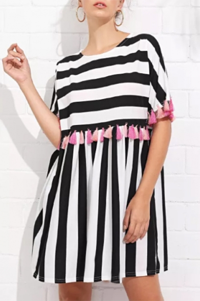 Womens Fancy Tassel Hem Round Neck Vertical Striped Printed Midi A-Line Dress