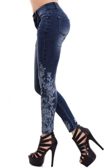 Womens New Fashion Floral Embroidery Side High Rise Skinny Fit Jeans