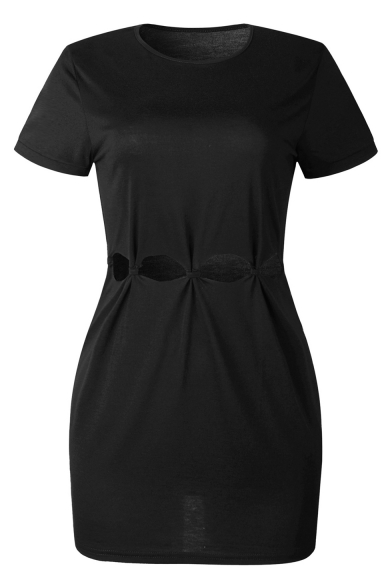 Womens Solid Color Round Neck Short Sleeve Cut Out Waist Mini T-Shirt Dress