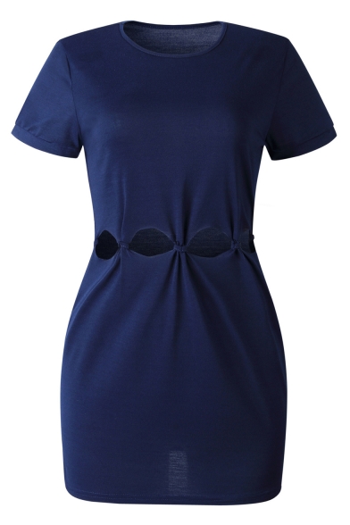 Womens Solid Color Round Neck Short Sleeve Cut Out Waist Mini T-Shirt Dress