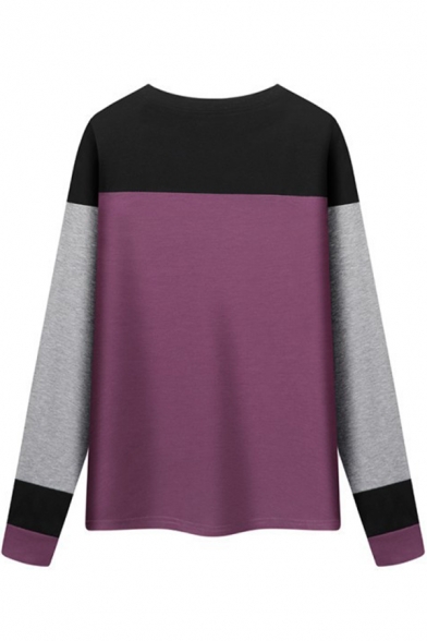 Womens New Trendy Colorblock Round Neck Long Sleeve Loose Casual Tee