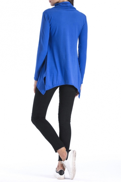 Womens Simple Solid Color Turtleneck Long Sleeve Pocket Patched Asymmetrical T-Shirt