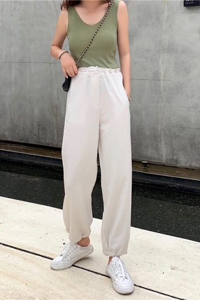 Womens Summer Stylish High Rise Drawstring Waist Solid Color Elastic Cuff Casual Straight Fit Pants