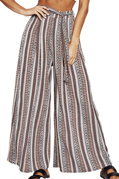 Womens Summer Tribal Striped Printed Tied Front Wide Leg Palazzo Pants