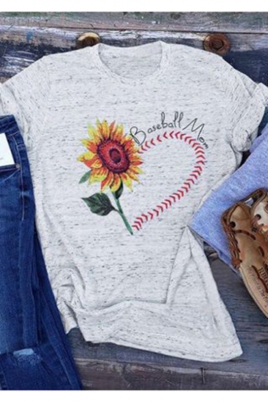 Baseball Mom Letter Sunflower Printed Round Neck Short Sleeve Gray Tee