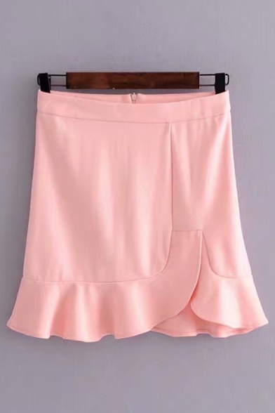 Basic Simple Solid Color High Rise Ruffled Hem Split Side Mini Skirt