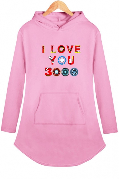 Colorful Letter I Love You 3000 Long Sleeve Shift Hooded Dress for Women