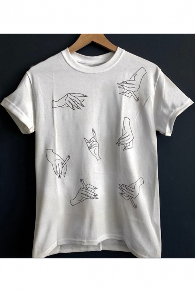 Cool Allover Fingers Gesture Printed Basic Short Sleeve Cotton White Tee