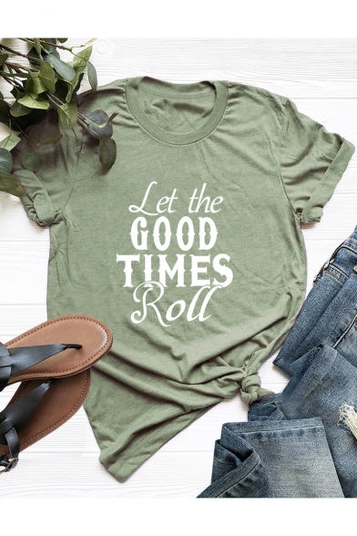 Cool Letter LET THE GOOD TIMES ROLL Print Round Neck Short Sleeve Cotton Loose Tee