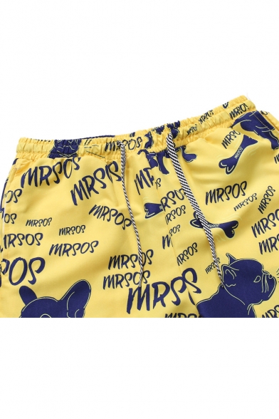 Cool Letter MRSOS Cartoon Dog Cat Printed Drawstring Waist Yellow Beach Shorts Swim Trunks