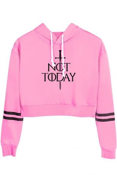 Cool Sword Letter NOT TODAY Striped Long Sleeve Cropped Drawstring Hoodie