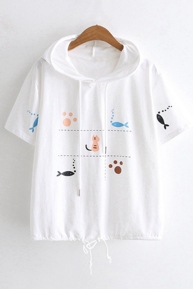 Cute Cartoon Cat Fish Printed Drawstring Hem Short Sleeve Hooded T-Shirt