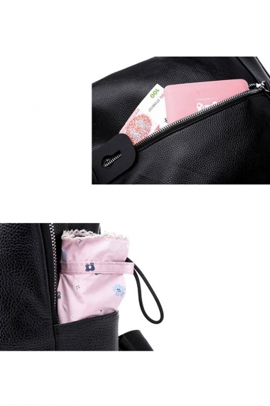 Elegant Plain Letter Ribbon Decoration Black Zipper Backpack 25*12*29 CM