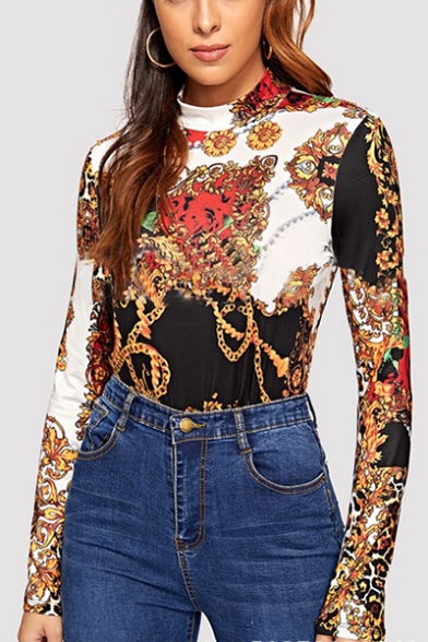 Ethnic Style Tribal Printed Mock neck Long Sleeve Slim Fit T-Shirt For Women
