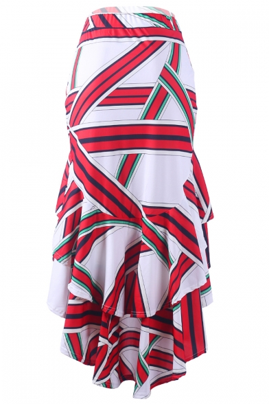 Fancy Red Colorblock High Low Hem Ruffled Maxi Asymmetrical Skirt