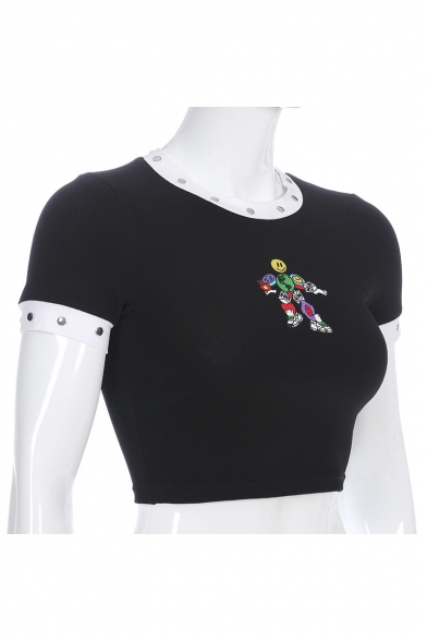 Fashion Cartoon Emoji Robot Print Eyelet Round Neck Slim Black Cropped T-Shirt