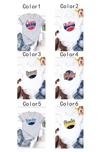 Fashion Letter Color Block Printed Graphic Round Neck Short Sleeve Tee