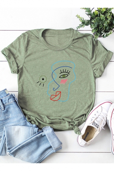 Funny Abstract Figure Face Printed Basic Round Neck Short Sleeve Cotton Tee