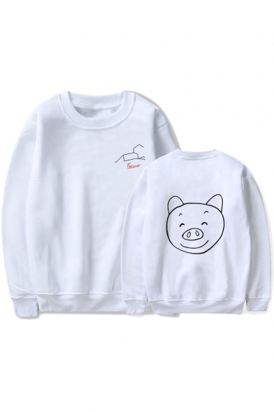 Funny Cartoon Pig Pattern Basic Long Sleeve Round Neck Pullover Loose Relaxed Sweatshirt