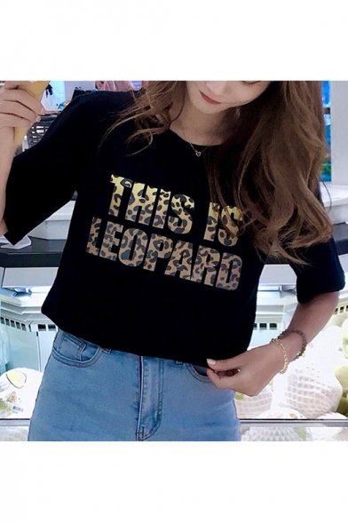 Girls Summer Funny Leopard Letter Printed Round Neck Short Sleeve Relaxed T-Shirt
