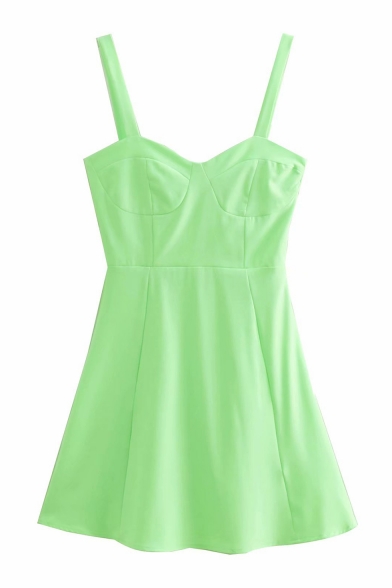 Girls Summer New Chic Fluorescent Green Simple Plain Mini A-Line Cami Dress