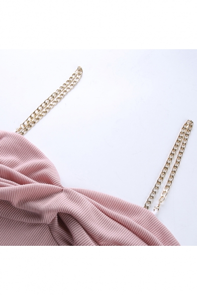 Girls Summer Unique Fashion Chain Straps Pink Bodycon Mini Cami Dress