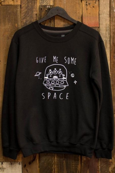 GIVE ME SOME SPACE Unique Funny Graphic Print Long Sleeve Round Neck Black Sweatshirt