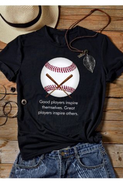 Great Players Inspire Others Letter Baseball Printed Round Neck Short Sleeve Black Graphic Tee