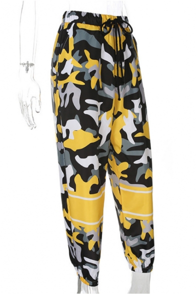 Hip Hop Street Fashion Yellow Camo Printed Drawstring Waist Sport Loose Track Pants for Women