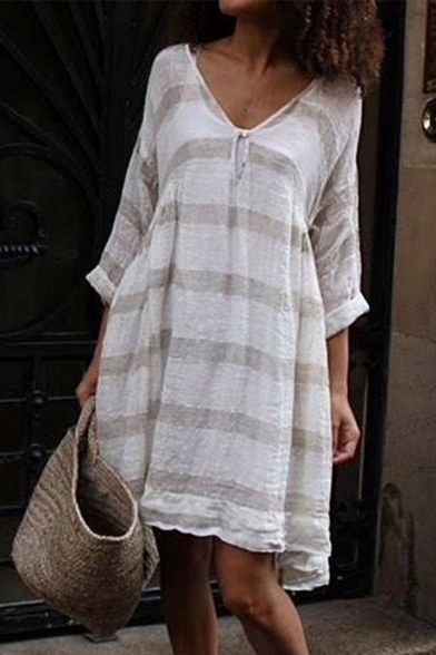 Hot Fashion Striped Printed V-Neck Long Sleeve Soft Linen Casual Loose Dress