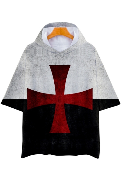 Knights Templar Red Cross Pattern Colorblock Short Sleeve Hooded Casual Loose Tee