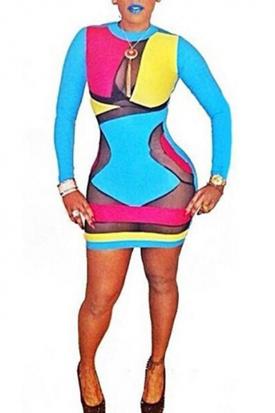 Ladies' Trendy Long Sleeve Round Neck Colorful Patchwork Mesh Mini Bodycon Dress