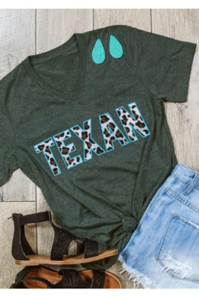 Leopard Print TEXAN Letter Green V Neck Short Sleeve T-Shirt