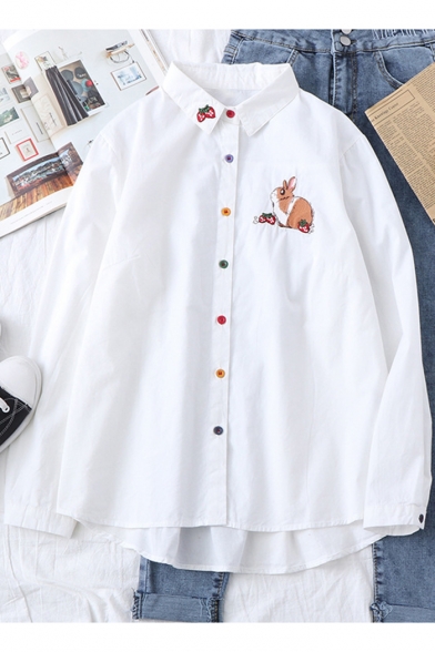 Lovely Cartoon Rabbit Embroidery Colorful Button Down Long Sleeve Shirt